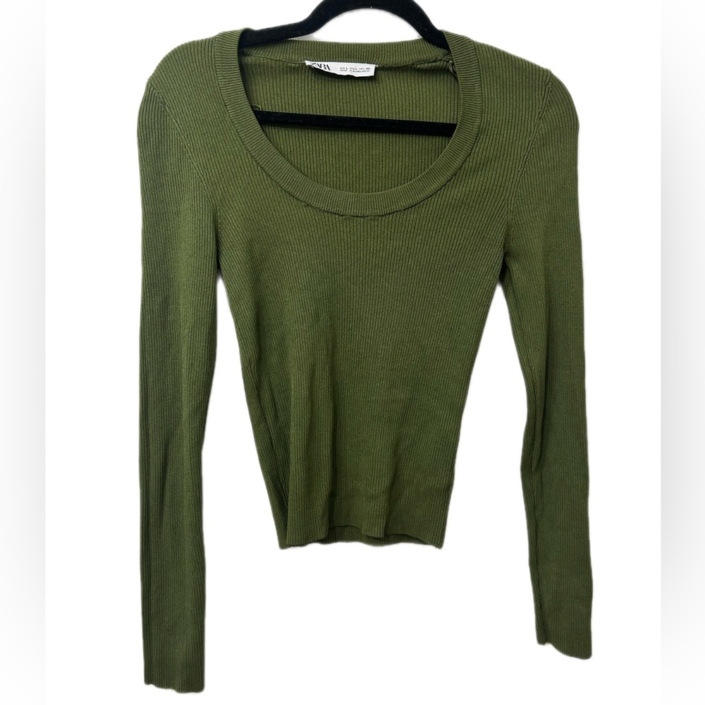 Zara Olive Green Ribbed Knit Long Sleeve Scoop Neck Top Large‎